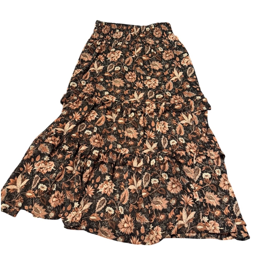 Madewell Womens Small Brown Floral Tiered Ruffle Maxi Skirt Smocked Waist